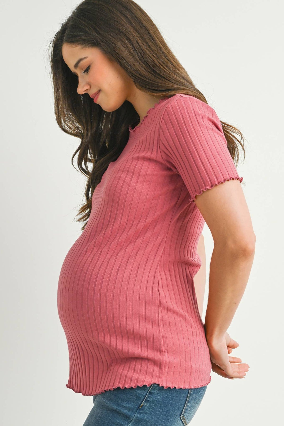 Ribbed Short Sleeve Maternity T-Shirt - Mauve