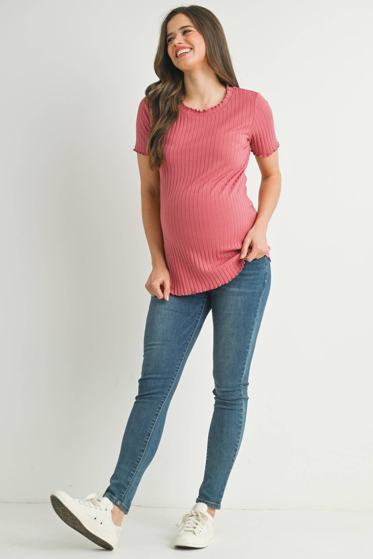 Ribbed Short Sleeve Maternity T-Shirt - Mauve