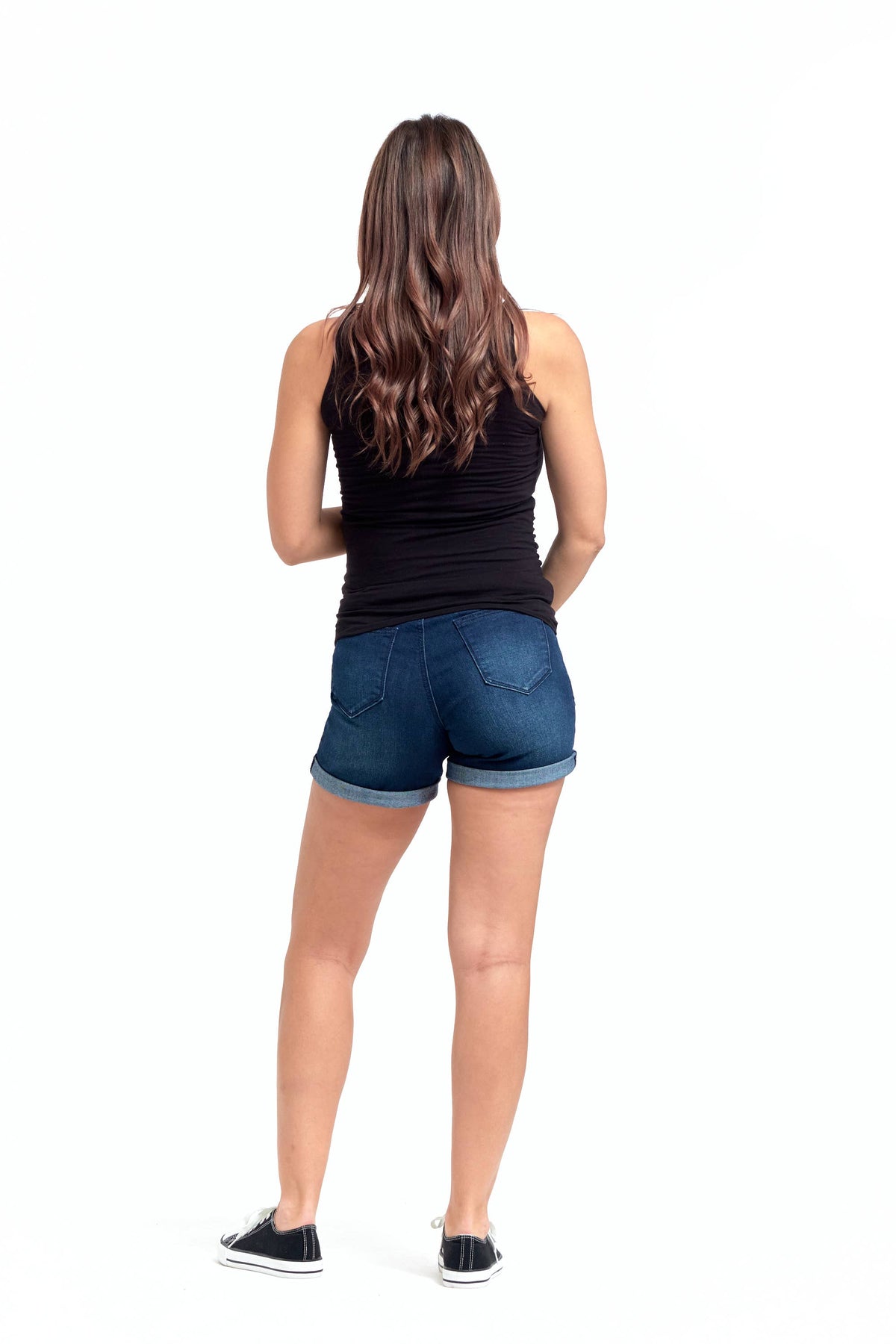 Dark-wash Maternity Roll Cuff Jean Shorts w/ Bellyband