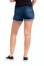 Dark-wash Maternity Roll Cuff Jean Shorts w/ Bellyband