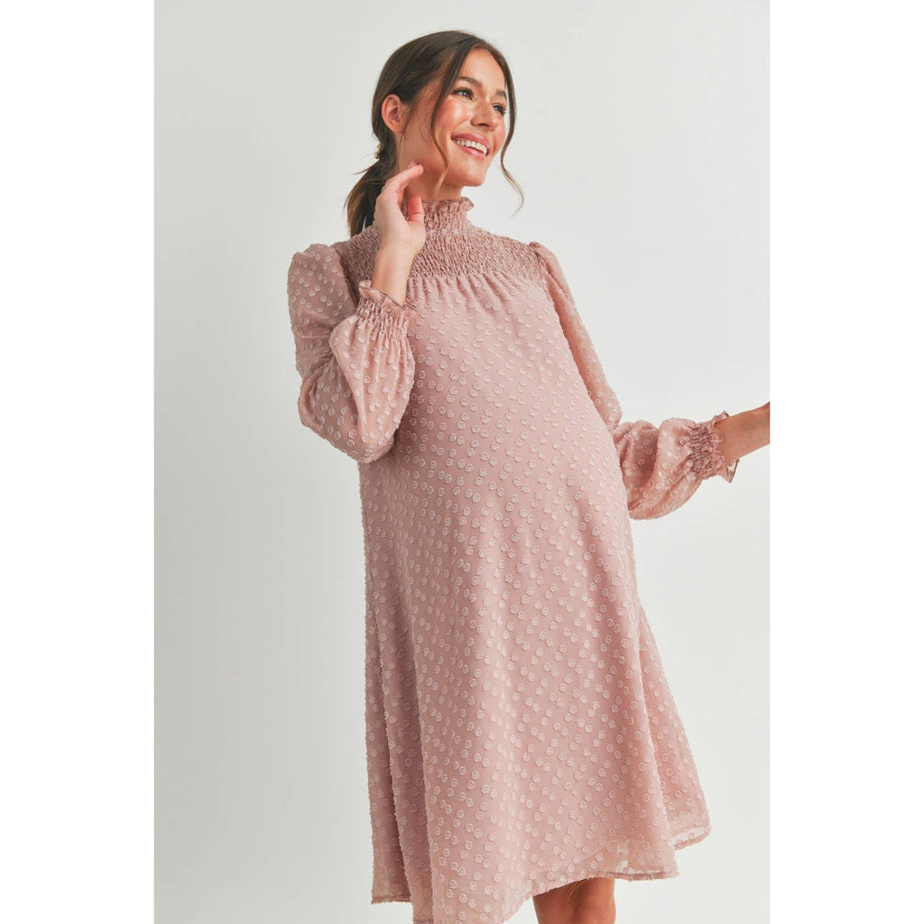 Blush Smocked Long Sleeve Mock Neck Maternity Dress