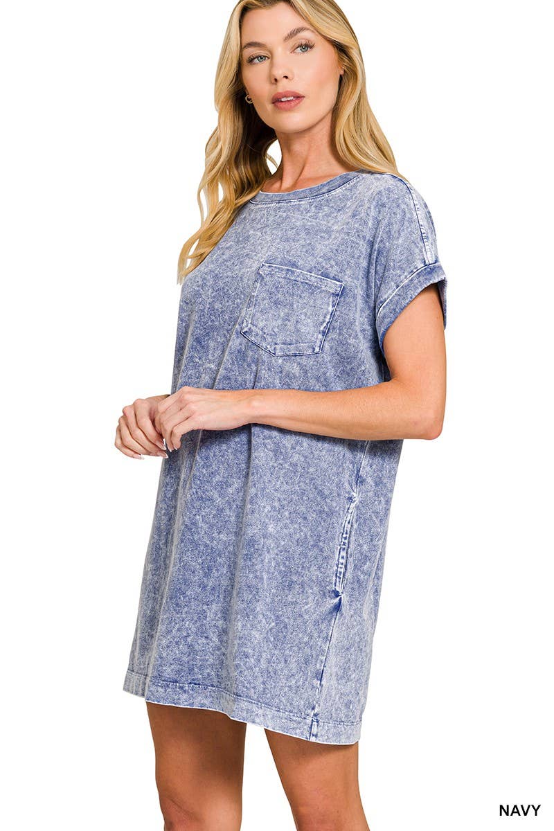 Acid Wash T-shirts Dress - Navy
