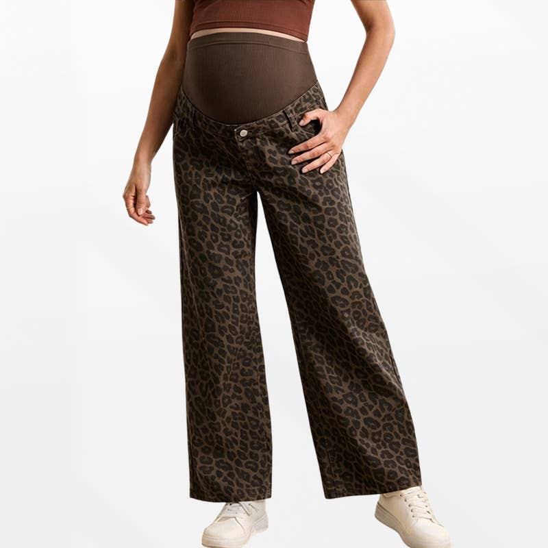 Women's Maternity Over Belly Leopard Wide Leg Jeans