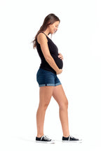 Dark-wash Maternity Roll Cuff Jean Shorts w/ Bellyband