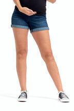Dark-wash Maternity Roll Cuff Jean Shorts w/ Bellyband