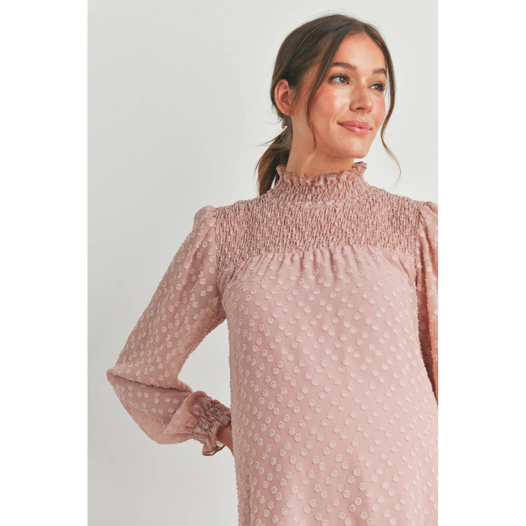 Blush Smocked Long Sleeve Mock Neck Maternity Dress