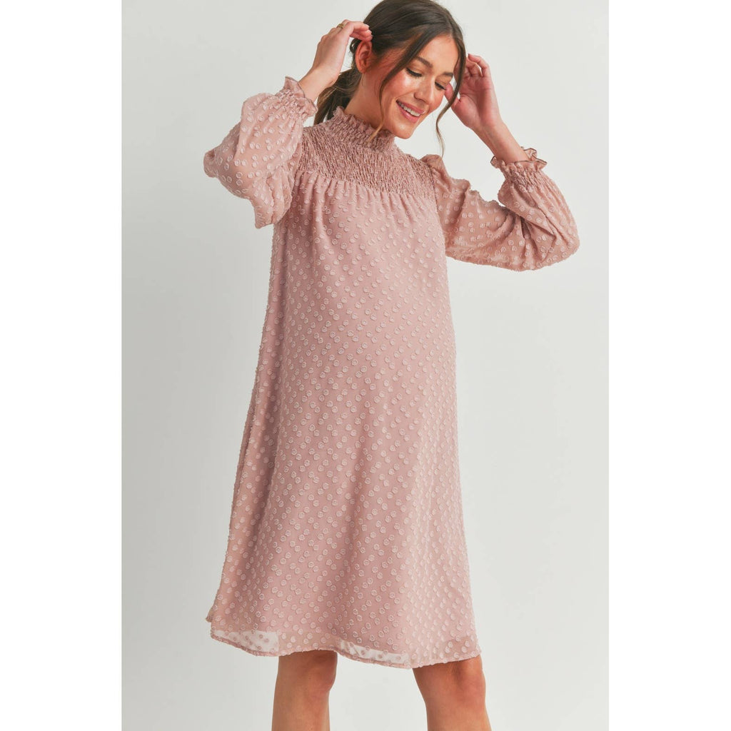 Blush Smocked Long Sleeve Mock Neck Maternity Dress