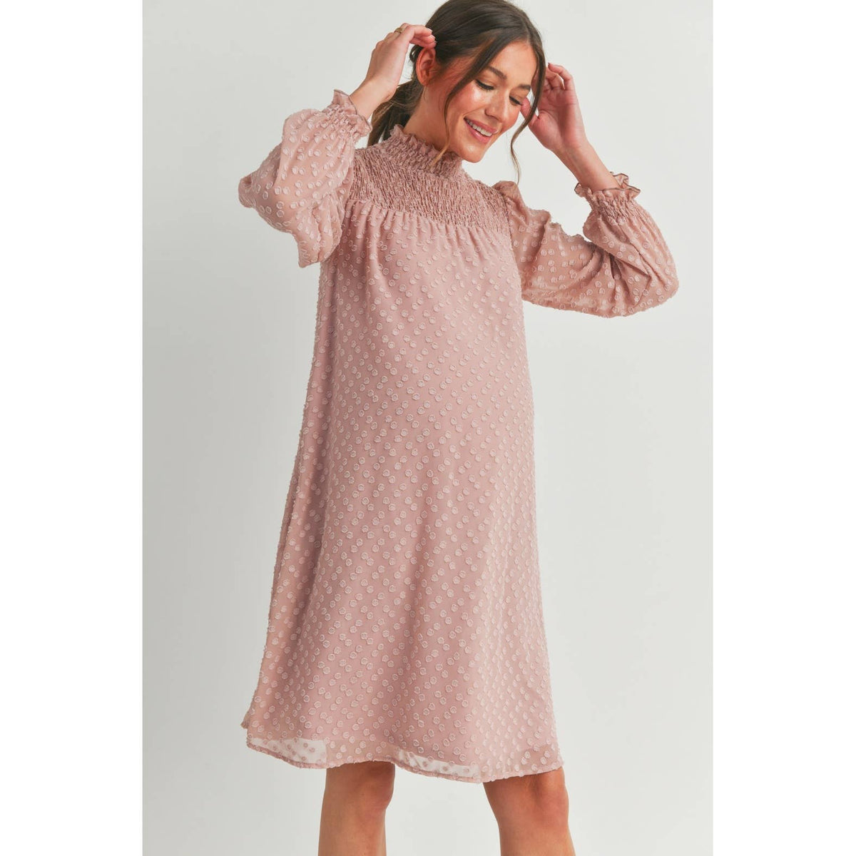 Blush Smocked Long Sleeve Mock Neck Maternity Dress
