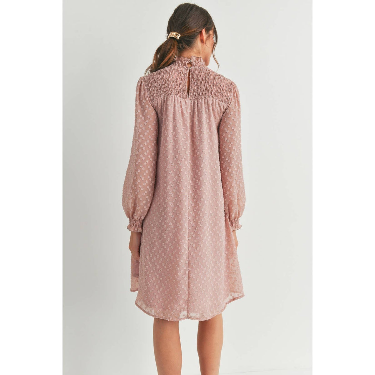 Blush Smocked Long Sleeve Mock Neck Maternity Dress