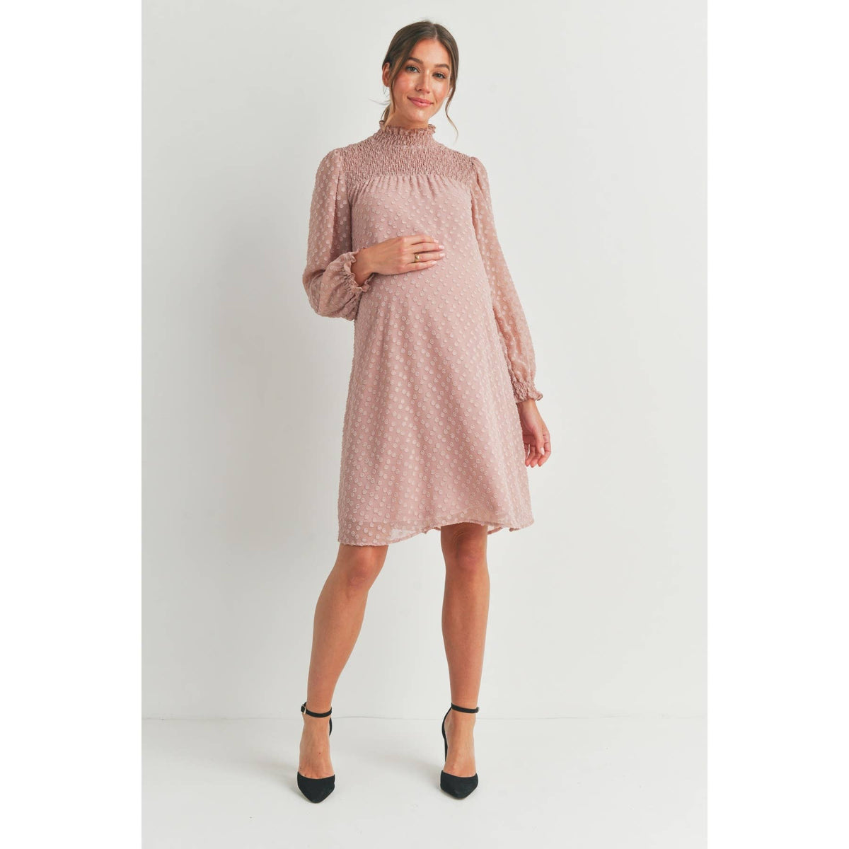 Blush Smocked Long Sleeve Mock Neck Maternity Dress